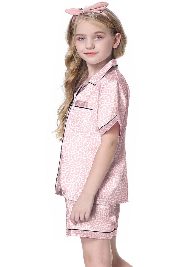 Schbbbta Satin Pajamas Sets for Girls, 2 Pcs Short Sleepwear Silk Button-Down Pj Set Loungewear, Bright Pink Leopard, 13-14 Years = Tag 170 - Image 3